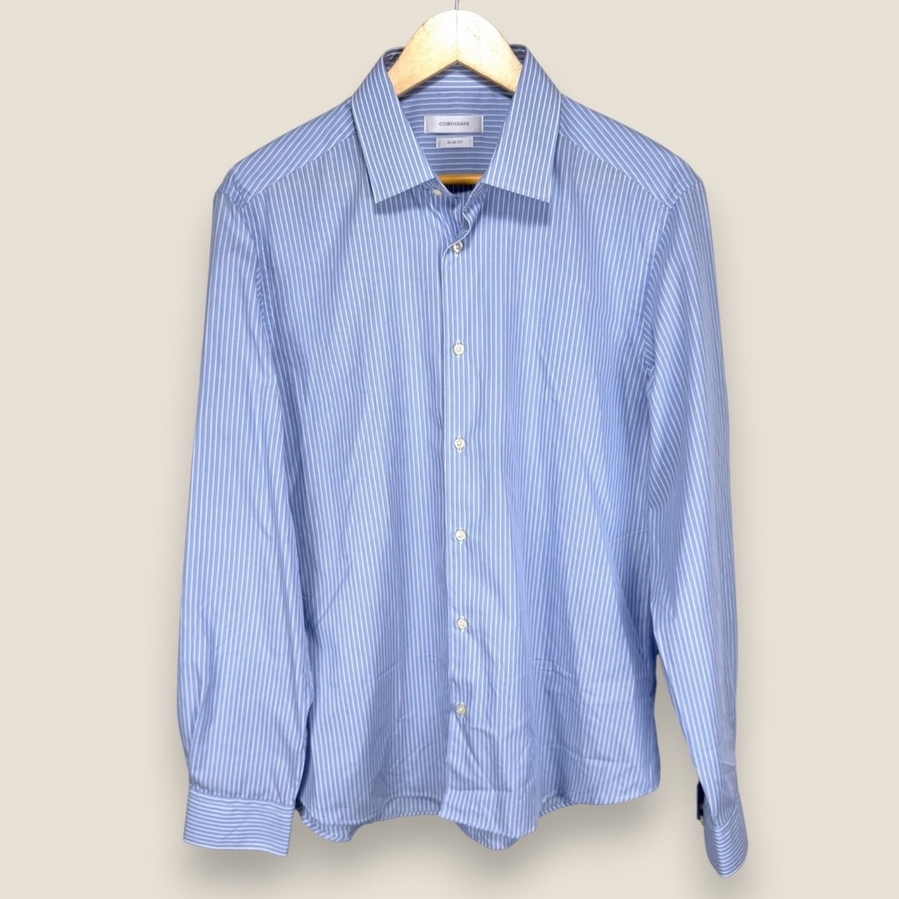 Cortigiani Slim Fit Dress Shirt Men 42 16.5 Blue White Striped 100% Cotton